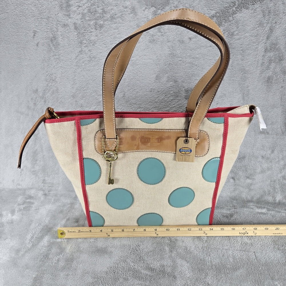 Fossil Key Per Shopper Tote Womens Large Aqua Woven Polka Dot New - Picture 5 of 13